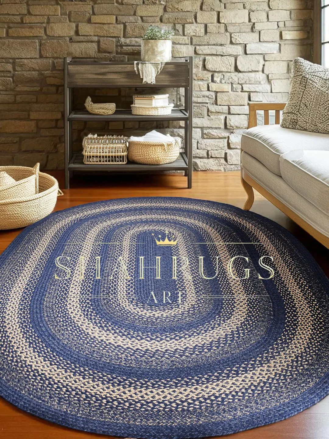 Blue Braided Jute Rug: Round, Oval, Rectangle - Boho Farmhouse Style