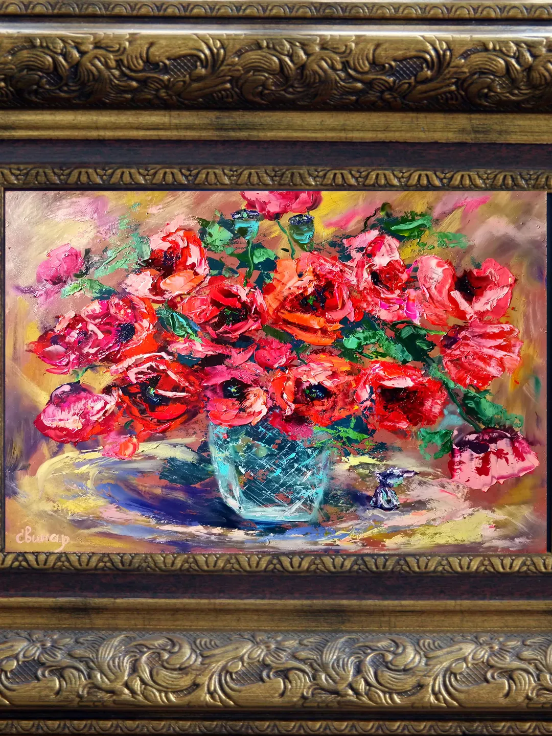 Poppy Oil Painting Flowers Impasto Glass Vase Candy Original Artist Svinar Oksana