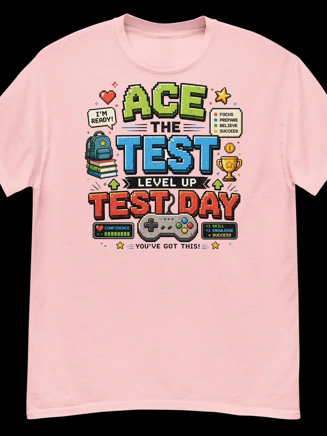 Ace The Test Gamer T-Shirt Pixel Art Test Day Shirt Level Up Motivation Tee Retro Gaming Student Exam Gift For Kids Teens Teachers
