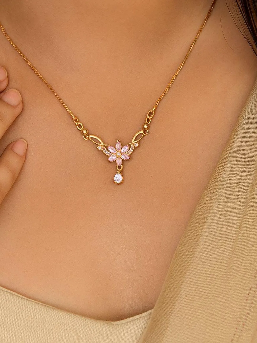 Pink Crystal Flower Necklace Gold | Elegant Floral Pendant | Dainty Gift for Her