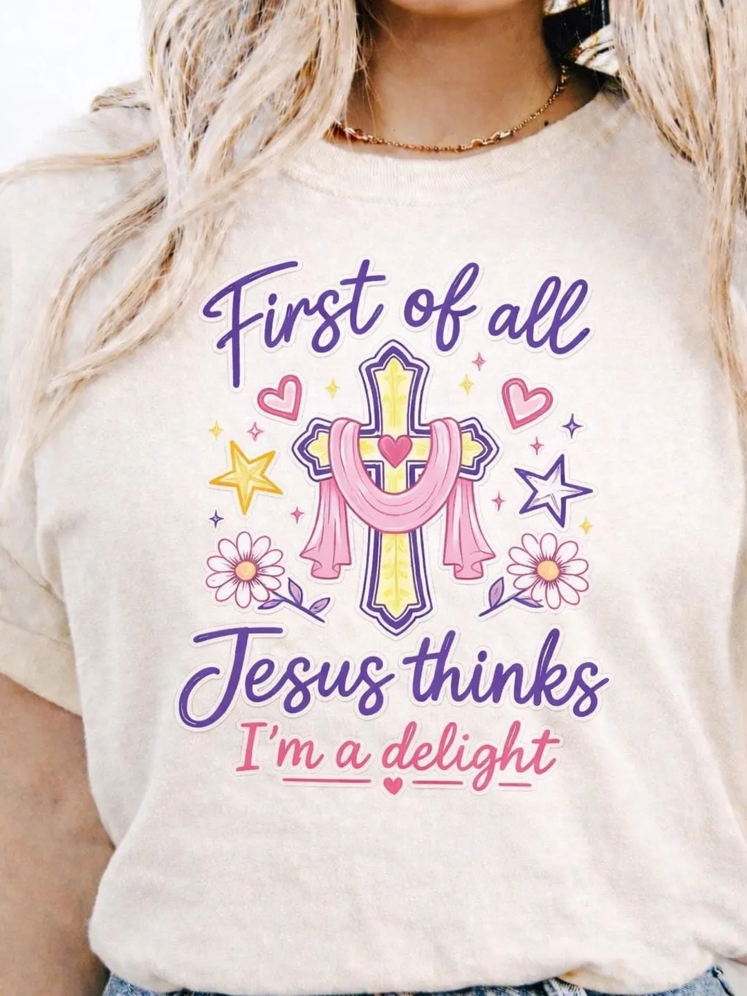 Jesus Thinks I'm Delight Shirt | Christian Faith Graphic Tee | Pastel Cross Comfort Colors