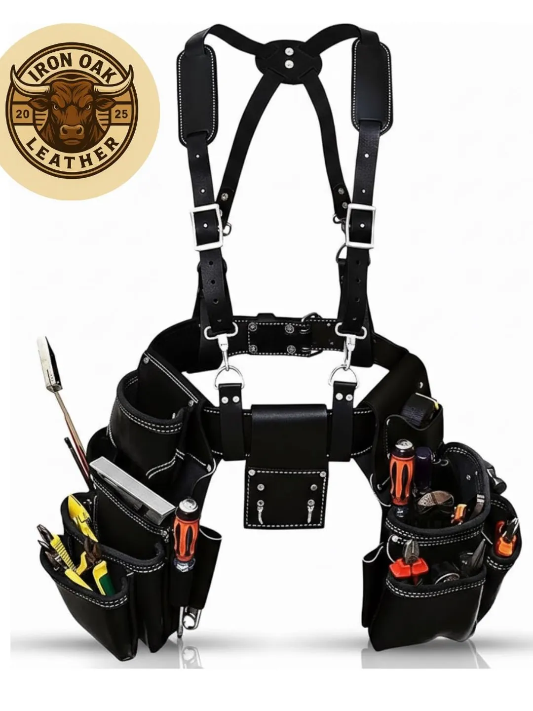 Personalized Handmade Leather Tool Belt with Suspenders – 09-Pocket ...