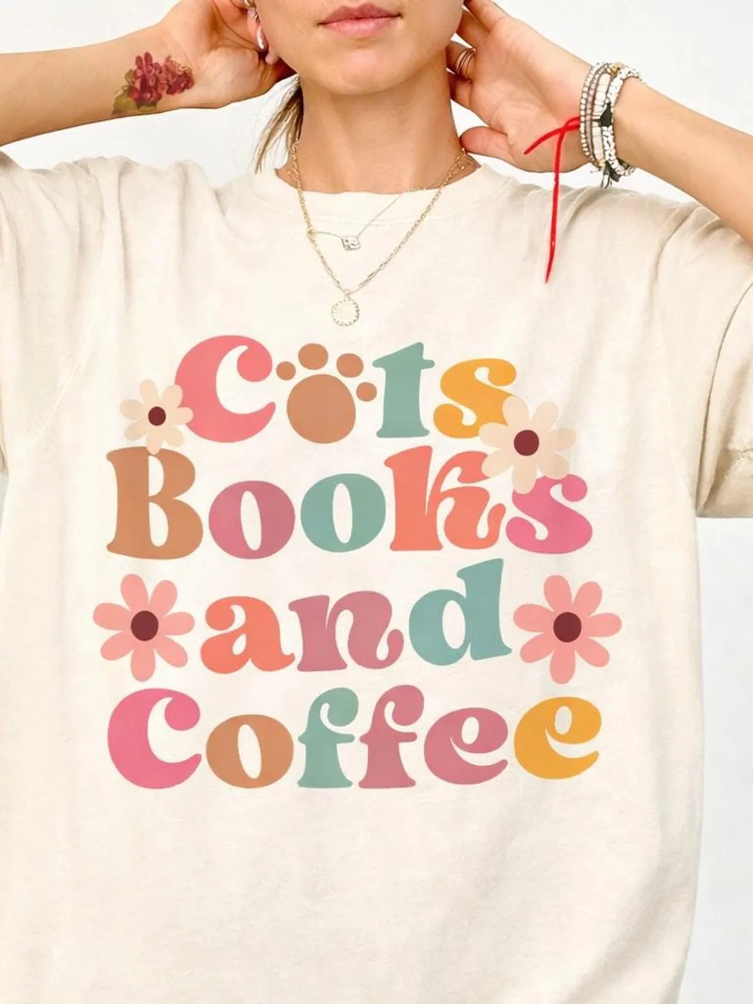 Cats Books and Coffee T-shirt | Retro Floral Typography Tee