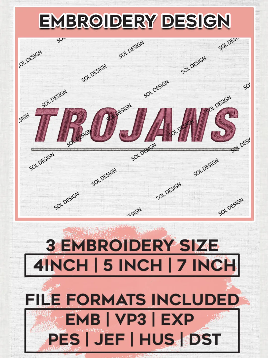 NCAA Trojans College Team Word Logo Embroidery Design Files, NCAA Little Rock Trojans Machine Embroidery, NCAA Teams, 3 sizes, NCAA Machine embroidery designs, Digital Download
