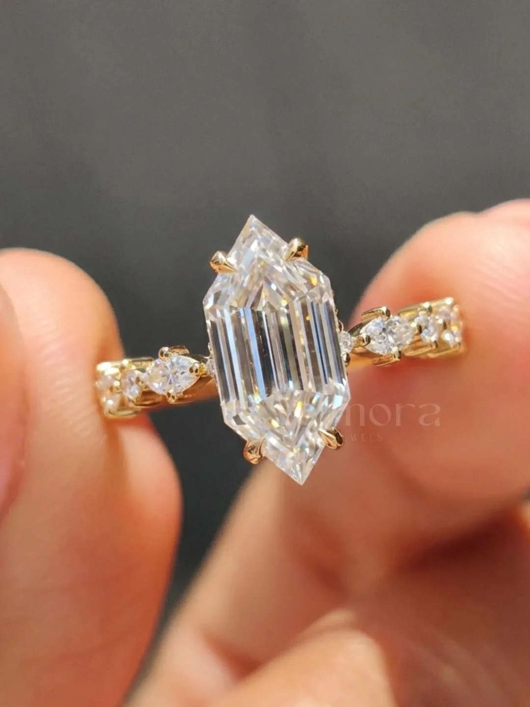 Hexagon Emerald Cut Moissanite Ring, 14K Yellow Gold Three Stone Engagement Ring