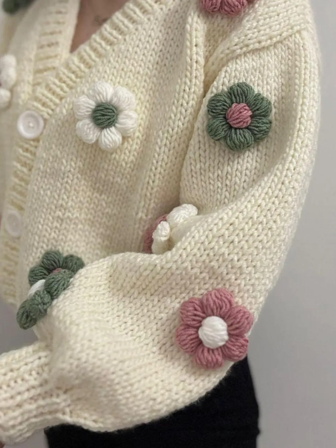 Hand Knit Chunky Flower Cardigan | Pink 3D Daisy Cropped Sweater