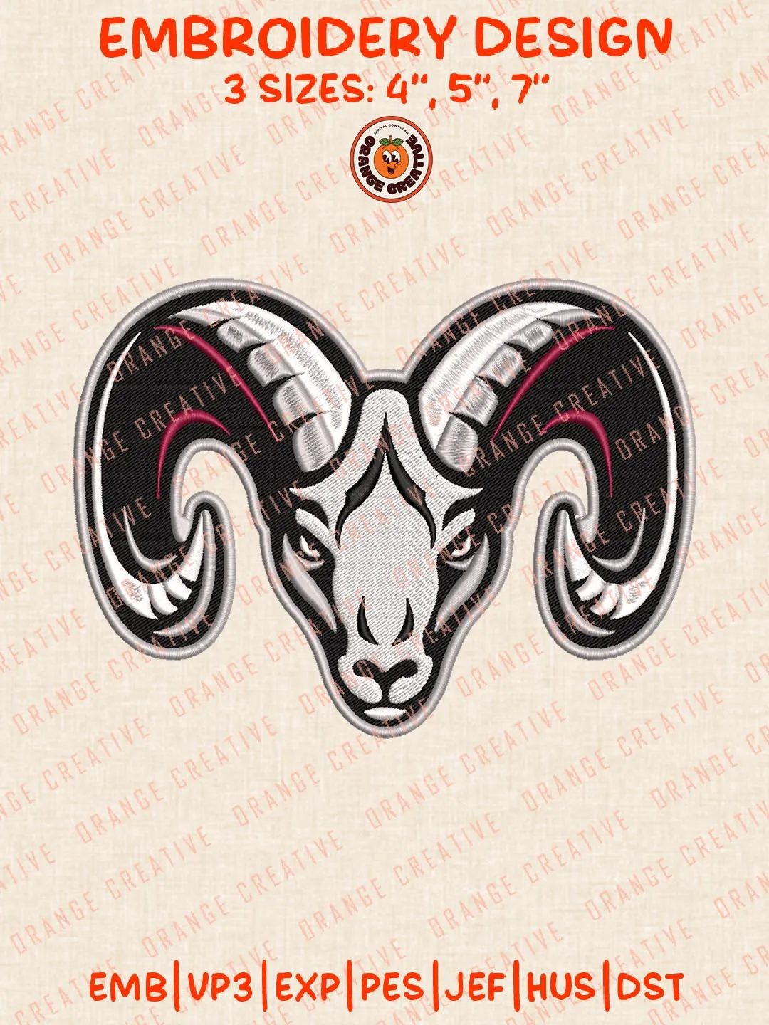 Fordham Rams Head Mascot Logo Embroidery Design Files, NCAA Logos Embroidery Designs, NCAA Machine Embroidery Files, 3 Sizes, Custom Sizes, Instant Download
