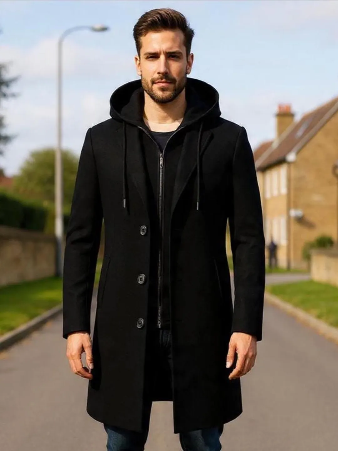 Men's Black Hooded Overcoat – Wool Winter Long Coat – Elegant