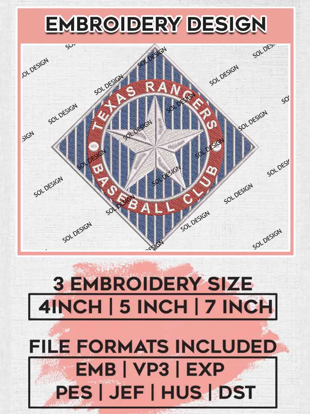 MLB Texas Rangers Star Logo Embroidery Files, MLB Texas Rangers Team Embroidery, MLB Teams, 3 sizes, MLB Texas Rangers Baseball Machine embroidery designs, Digital Download