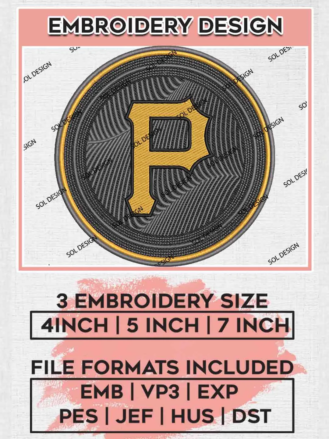 Pittsburgh Pirates Logo Embroidery Files, MLB Pittsburgh Pirates Team Embroidery, MLB Teams, 3 sizes, MLB Pirates Machine embroidery designs, Digital Download