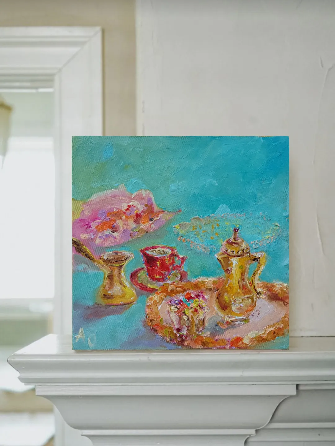 Oil painting on canvas 20x20cm (8x8inch) "Coffee. Afternoon dessert"