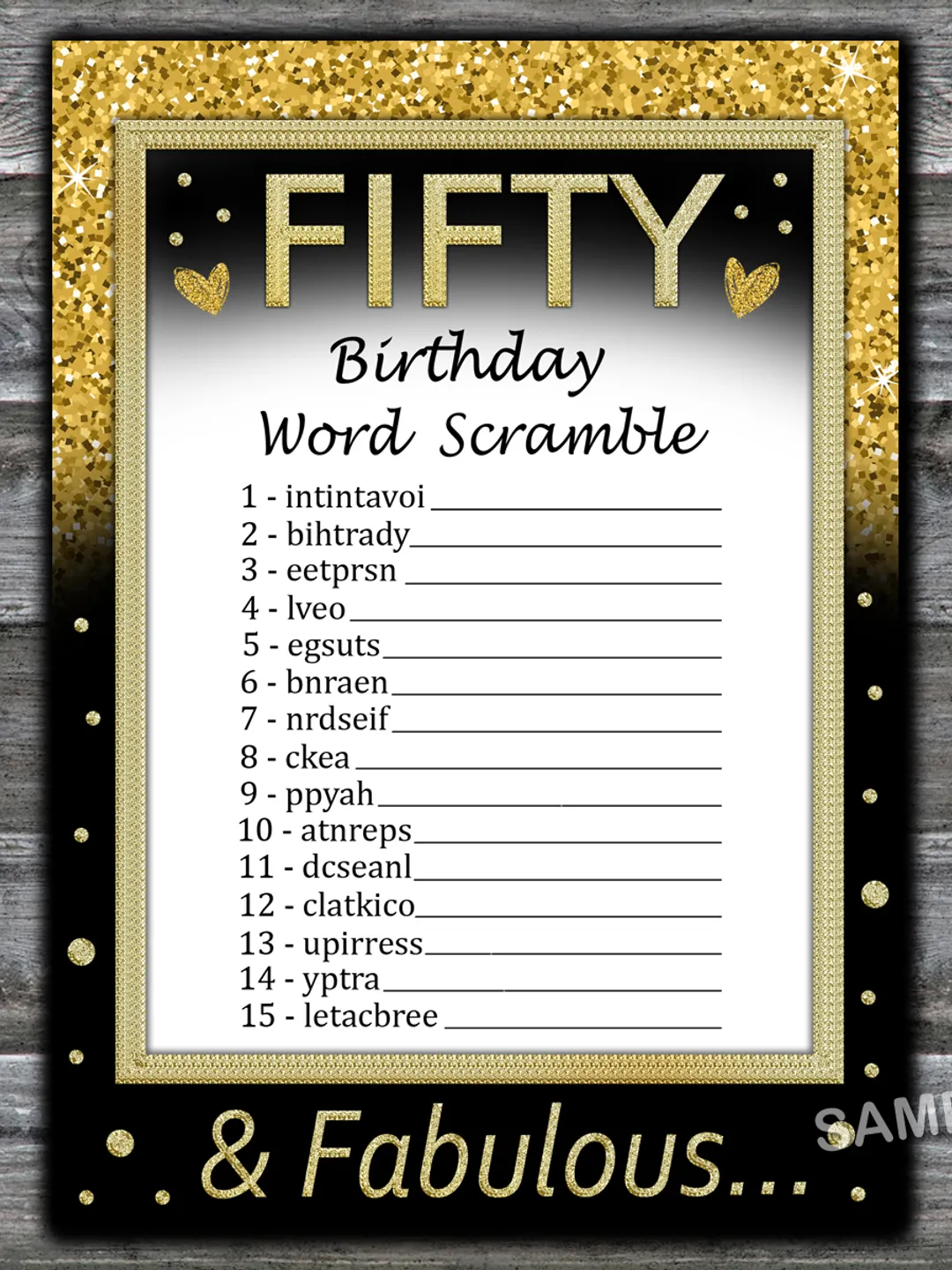 Fifty Birthday Word Scramble Game,Adult Birthday party game-fun games for her-Instant download