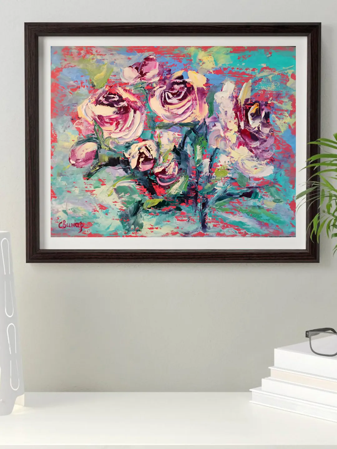 Oil Painting Flower Pink Roses Bushes Impasto Original Artist Svinar Oksana