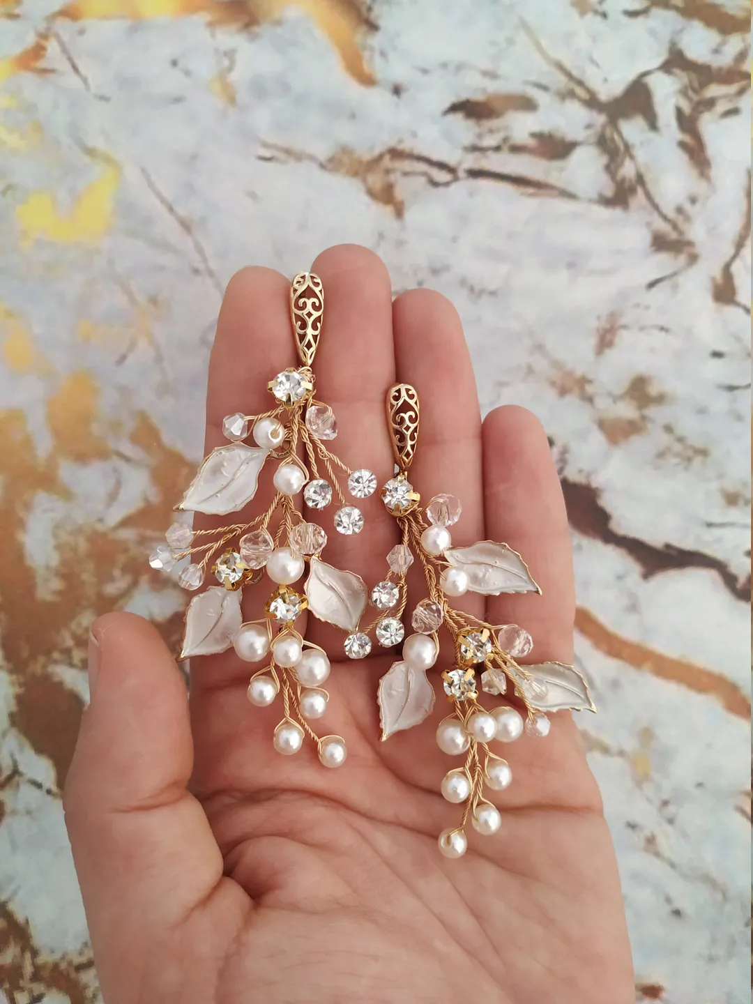 Boho Wedding Earrings, Rose Gold Leaf Chandelier Statement Bridal Earrings, Flower Wedding Earrings, Pearl Wedding Jewelry Swarovski Jewelry