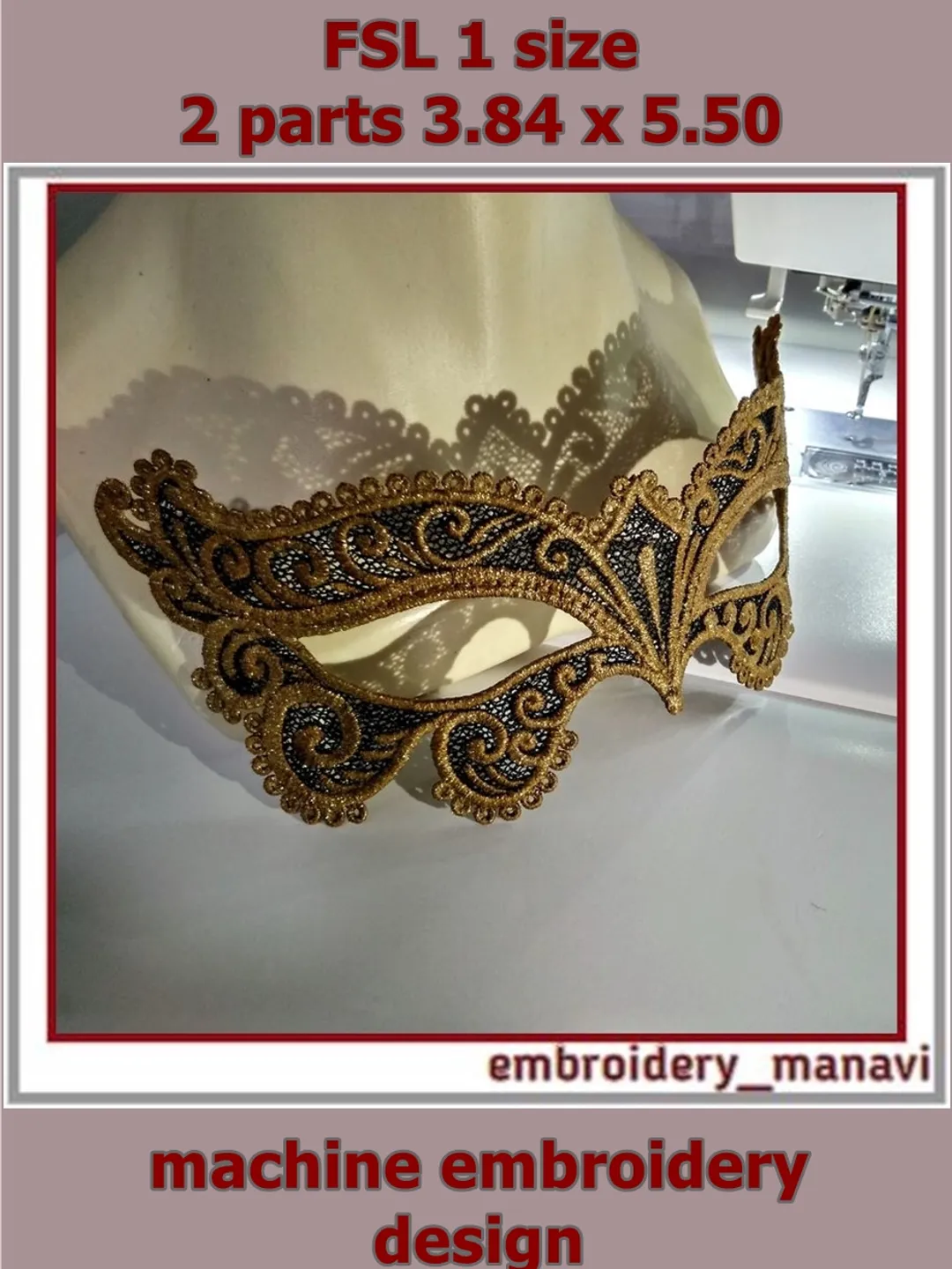 In The Hoop Embroidery Design Venetian FSL lace carnival mask in 2 parts