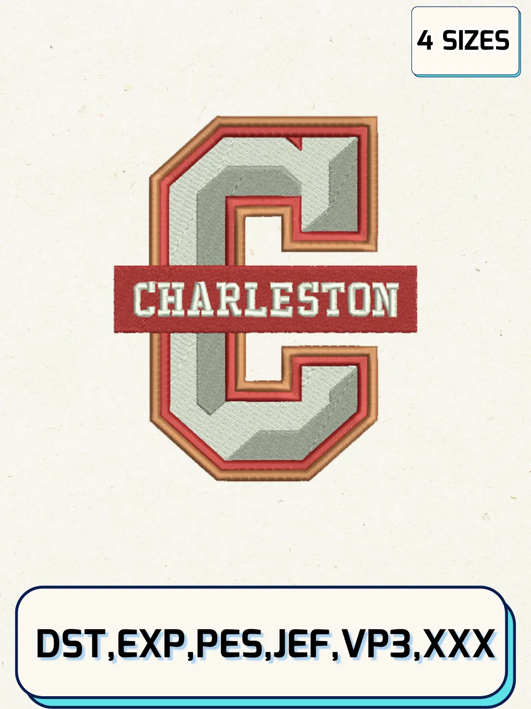College of Charleston Cougars Logos Embroidery Design Files, NCAA Logos Embroidery Designs, Machine Embroidery Files, 4 Sizes