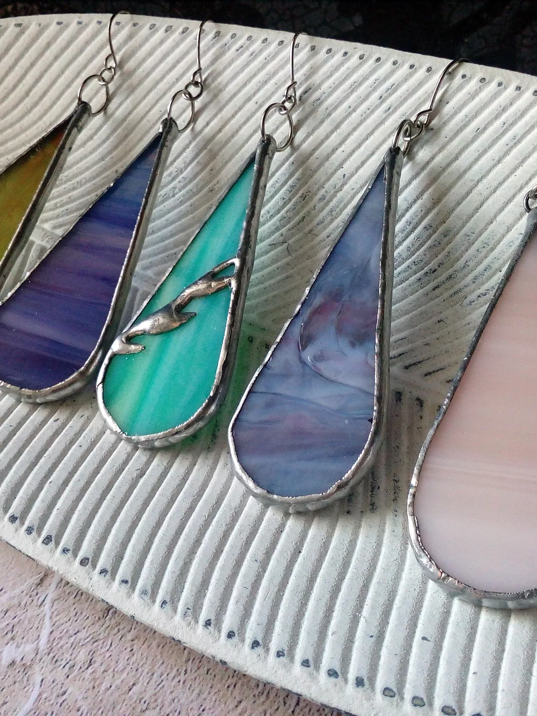 Multicolor drop Dangle stained glass earrings, pink long earrings, simple stained glass