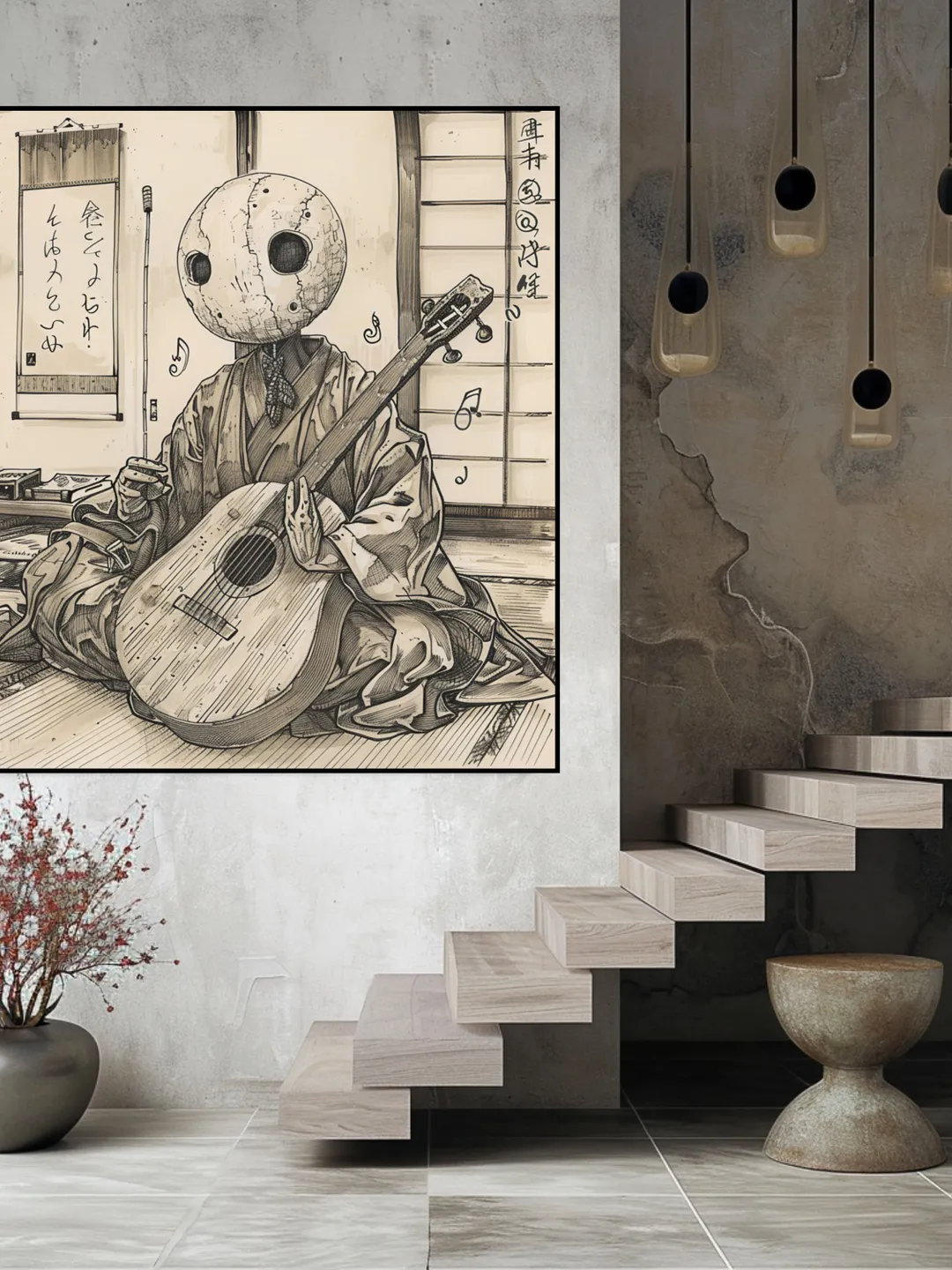 SIX Traditional Japanese Musician Art, Digital Download, Moon Head