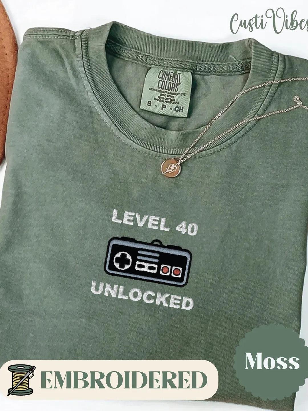 Level 40 Unlocked Embroidered Gamer Shirt, Retro 40th Birthday Gift Tee