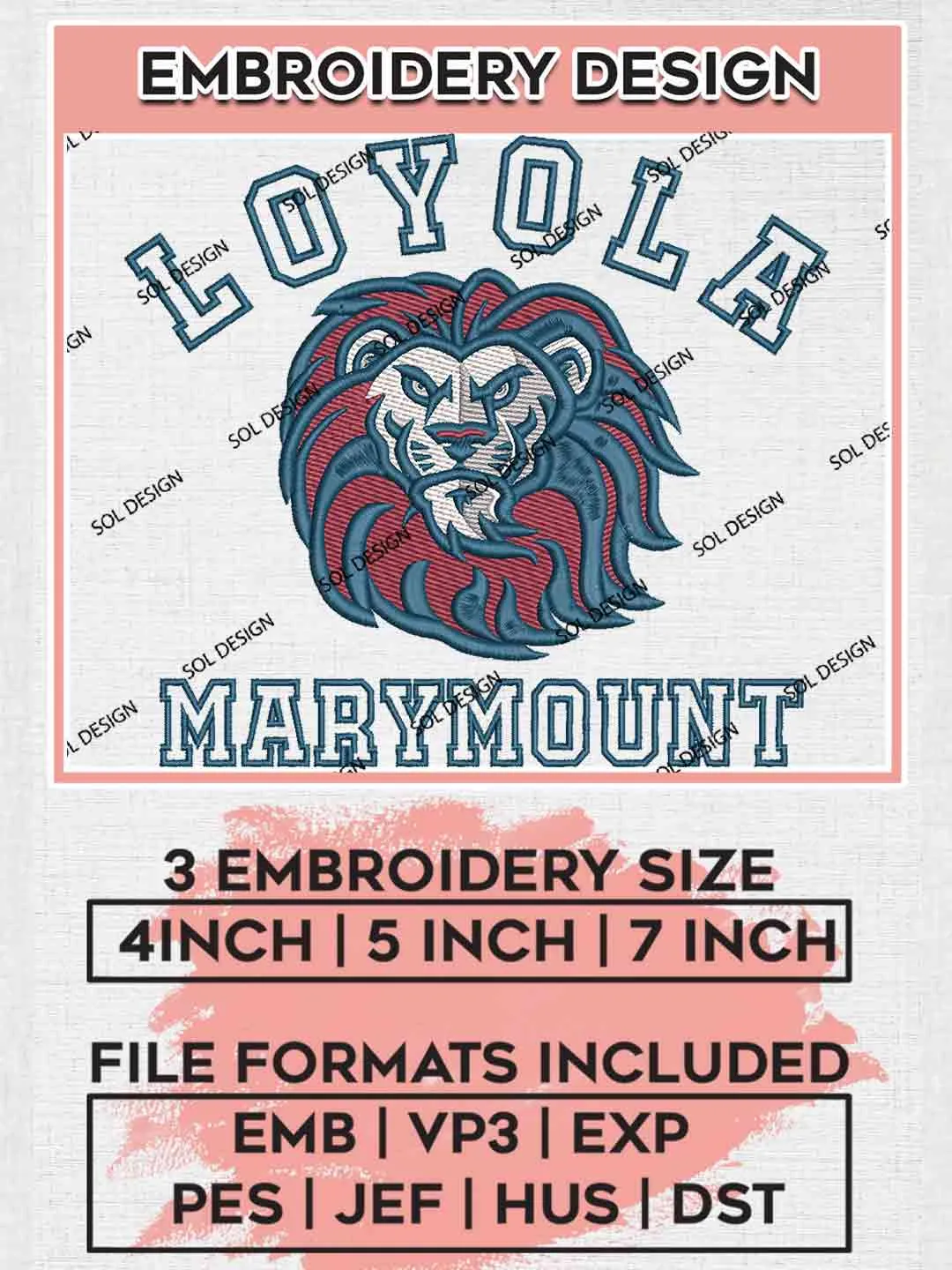 Loyola Marymount Lion Embroidery Design, Football Embroidery files, Sport Machine embroidery files, 3 sizes, Instant Download