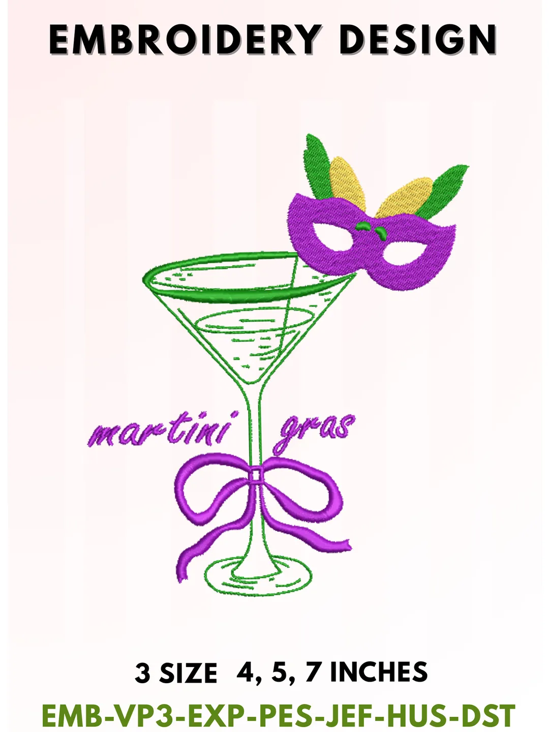 Martini Gras Embroidery, Mardi Gras Cocktail Typography, Masquerade Mask & Purple Ribbon Bow Design, Festive New Orleans Party Aesthetic, 3 Sizes