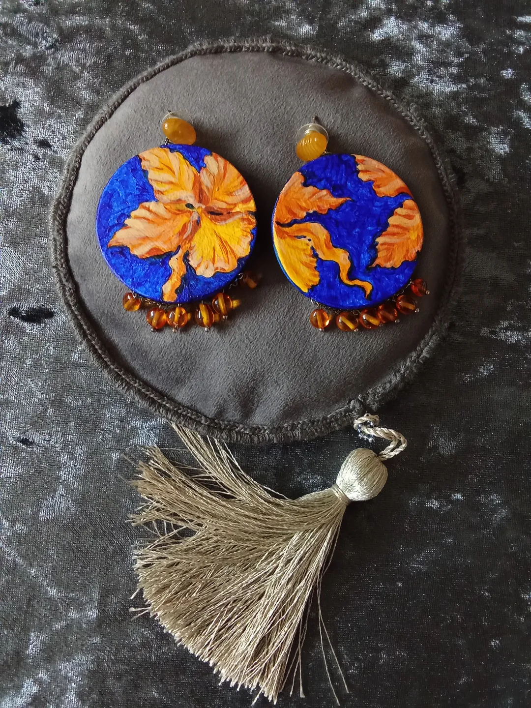 Earrings "Golden orchids in blue"