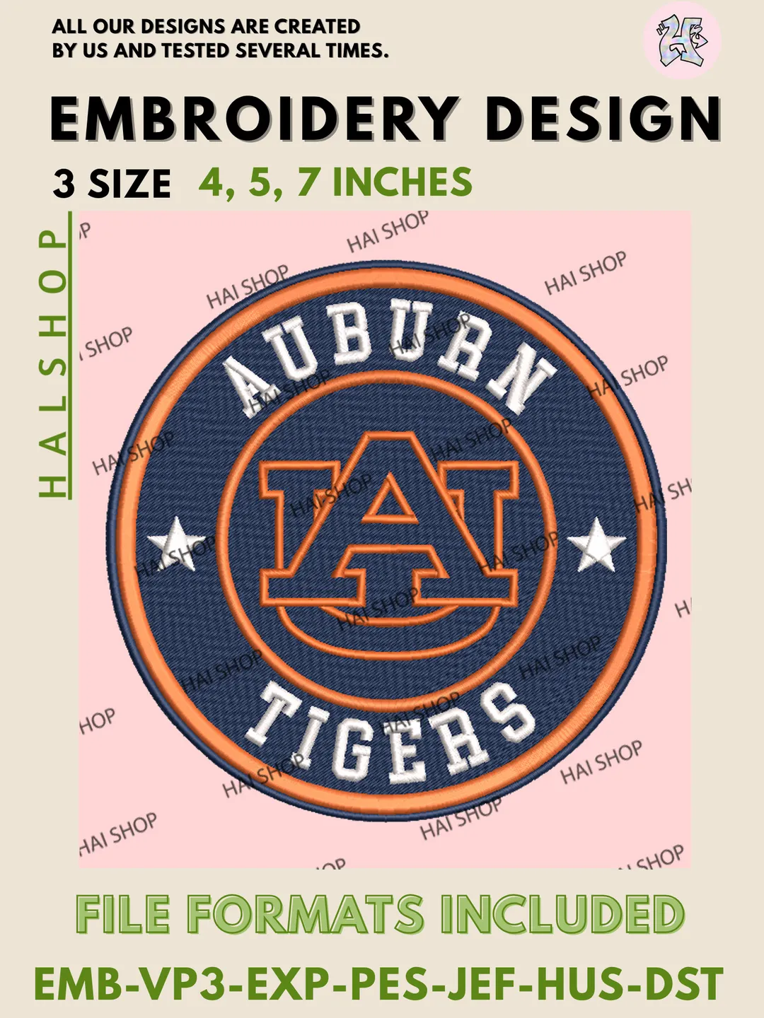NCAA Auburn Tigers Team Logo Machine Embroidery Design Files, College Sports Mascot Logo Embroidery, Instant Digital Download