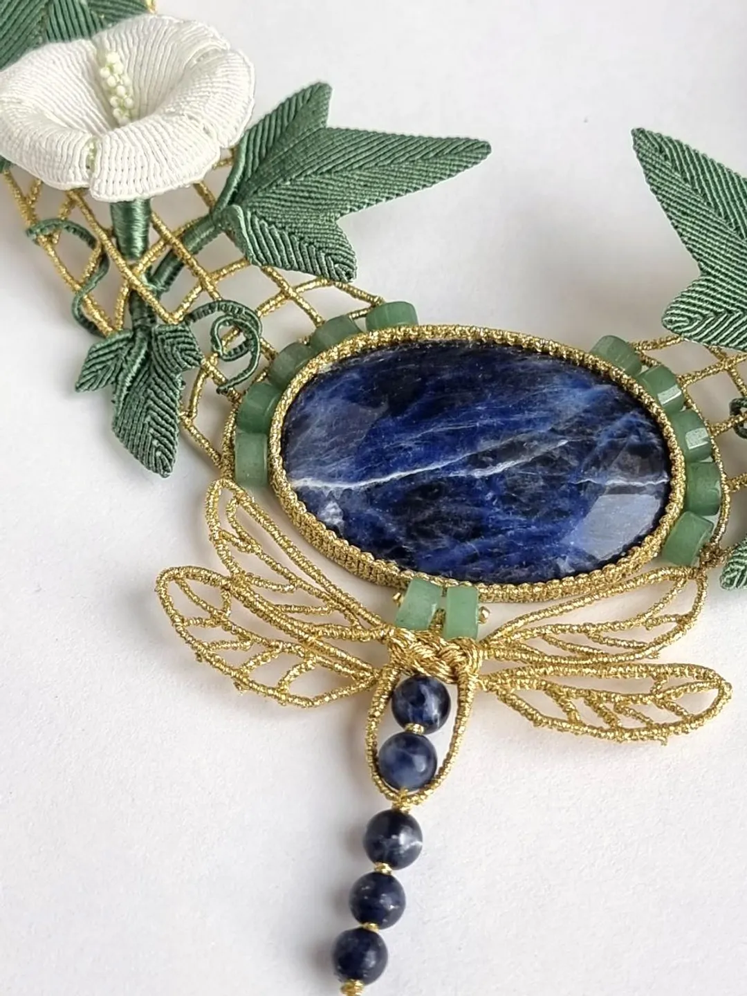Art Nouveau Necklace with Flowers, Sodalite, and Dragonfly