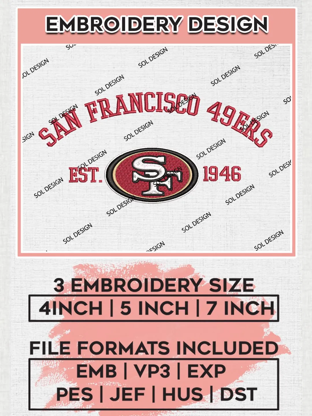 San Francisco 49ers Est 1946 Embroidery Design Files, NFL 49ers Embroidery Designs, NFL Embroidery Designs, NFL San Francisco 49ers Machine Embroidery Design, Digital Download