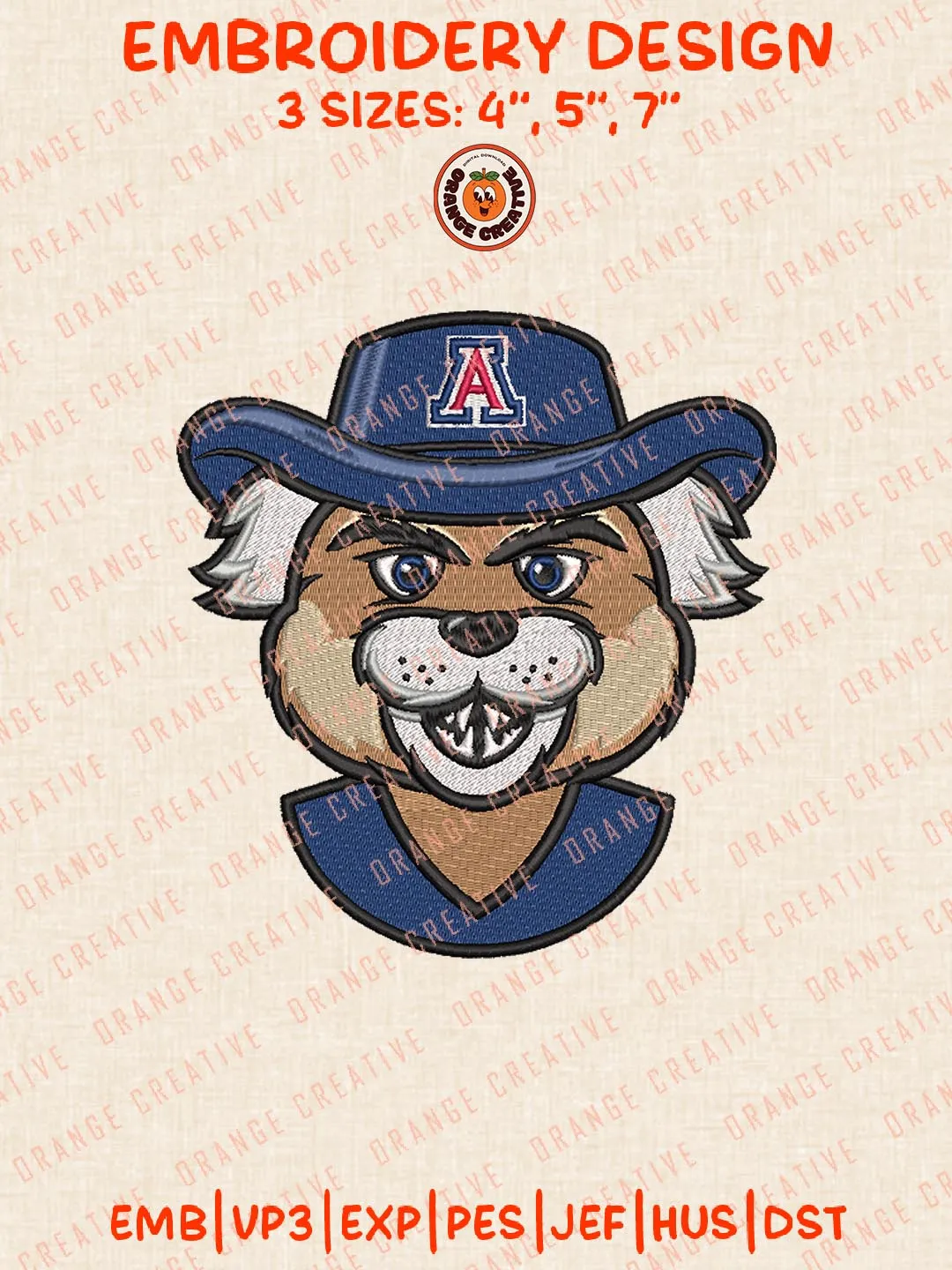 NCAA Wildcats Mascot Logo Embroidery Design, NCAA Arizona Wildcats Team Embroidery Design, Machine Embroidery Design File, 4 Sizes, Custom Size, Digital Download