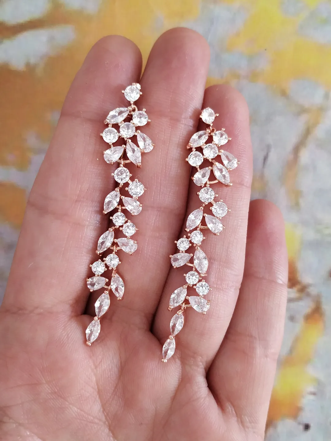 Long Wedding Earrings Swarovski Crystal Earrings Boho Wedding Earrings Rose Gold Bridal Earrings Chandelier Statement Boho Bridal Earrings