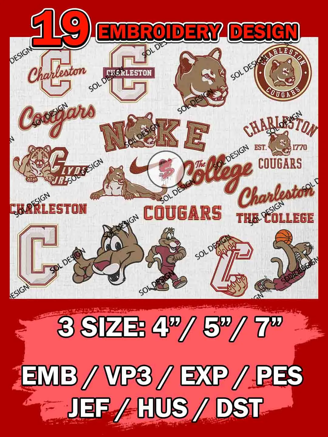 19 NCAA Charleston Cougars Bundle Embroidery Files, NCAA Charleston Cougars Team Bundle Embroidery Designs, NCAA Teams, National College Football Team 3 sizes, NCAA Charleston Machine Embroidery, Digital Download