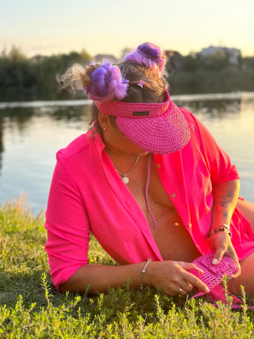 Pink women visor, summer hat, visor cap, set hat with small phone bag, raffia Eco-Friendly, little shoulder bag, cottegecore, floppy hat