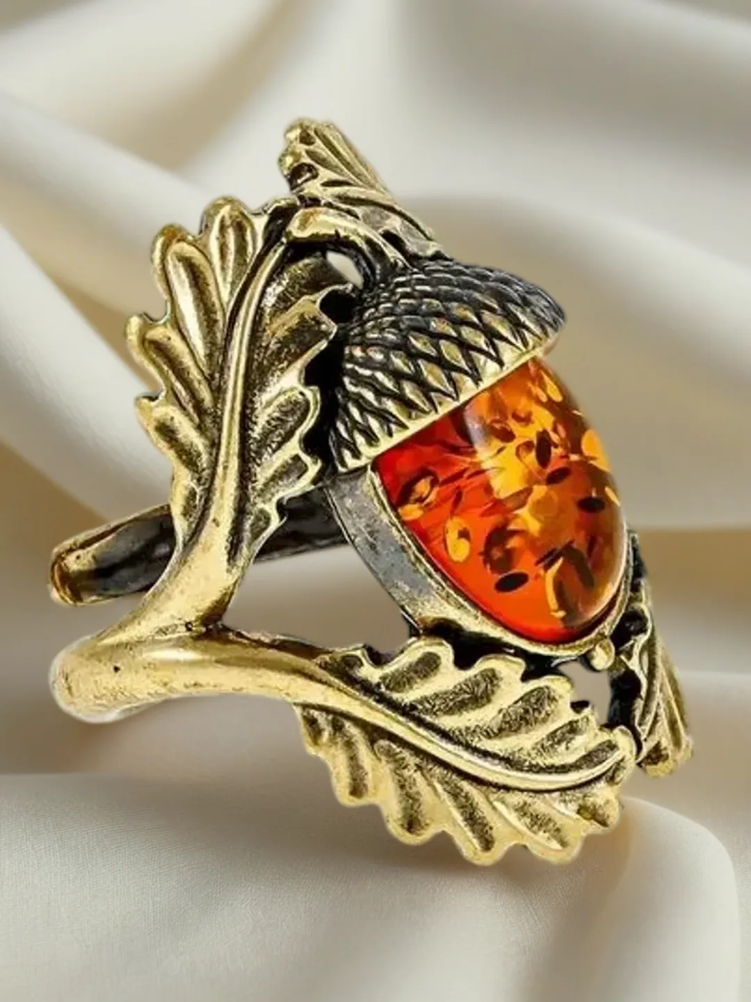 Fall Ring Amber Acorn Ring Autumn Jewelry Red Orange Gold Brass Ring Nature Leaf ...