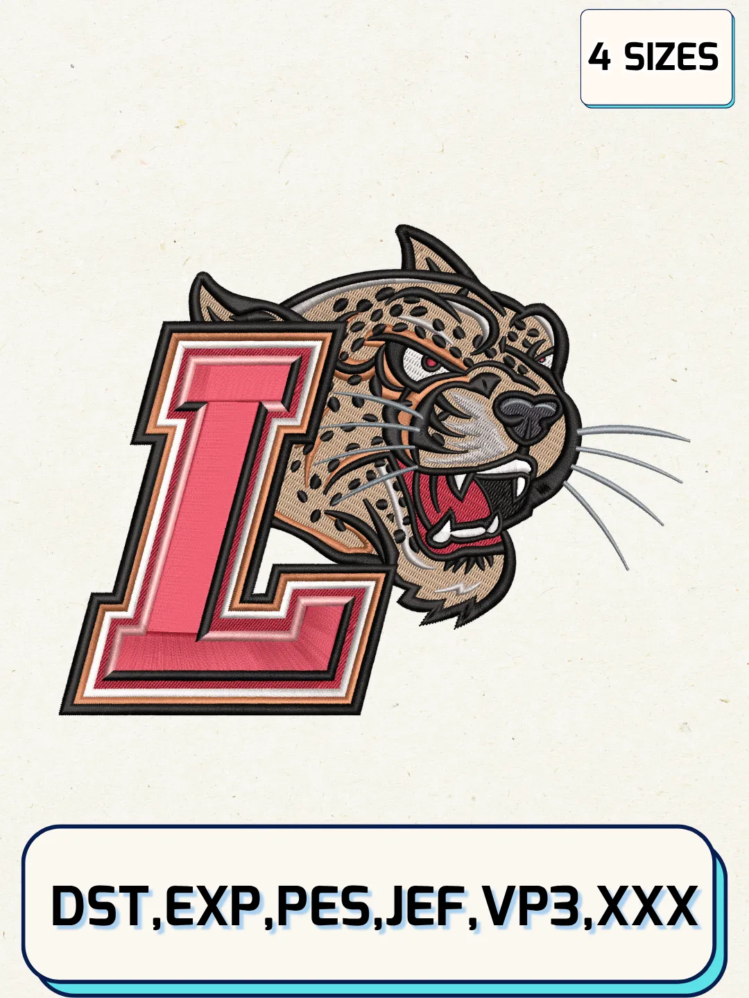 Lafayette Leopards Secondary Logos Embroidery Design Files, NCAA Logos Embroidery Designs, Machine Embroidery Files, 4 Sizes
