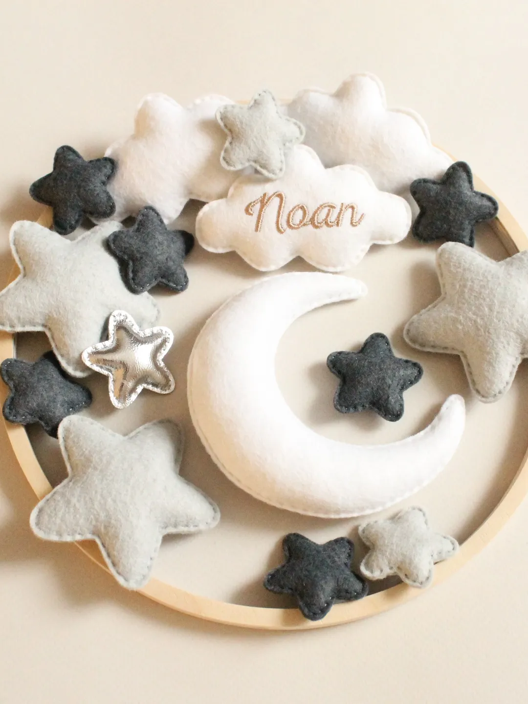 Personalized stars and moon mobile, Cloud nursery mobile and stars crib mobile, Baby felt mobile