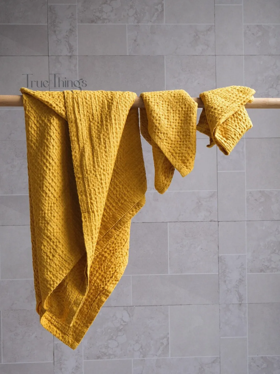 Ochre waffle linen bath towels / Yellow linen bath towel set / Hand, face, body towel / Softened stonewashed linen / Organic flax