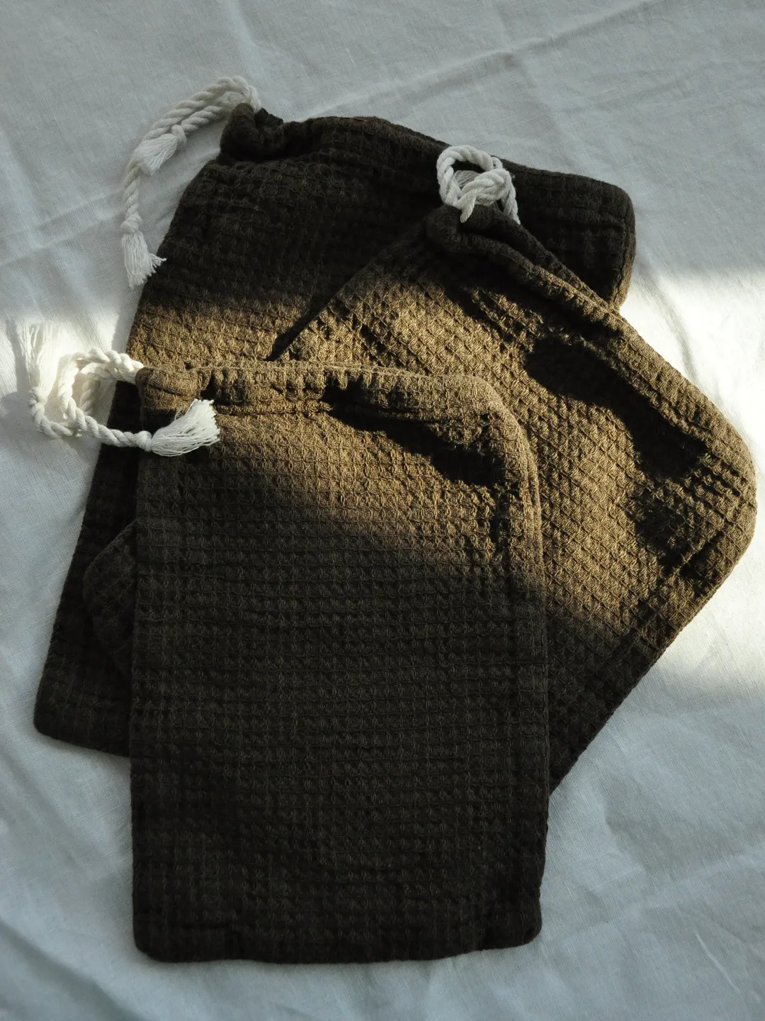 Zero waste linen bag / Bags set in Brown / Reusable washable food storage / Eco-friendly organic pocket / Natural bread drawstring bag