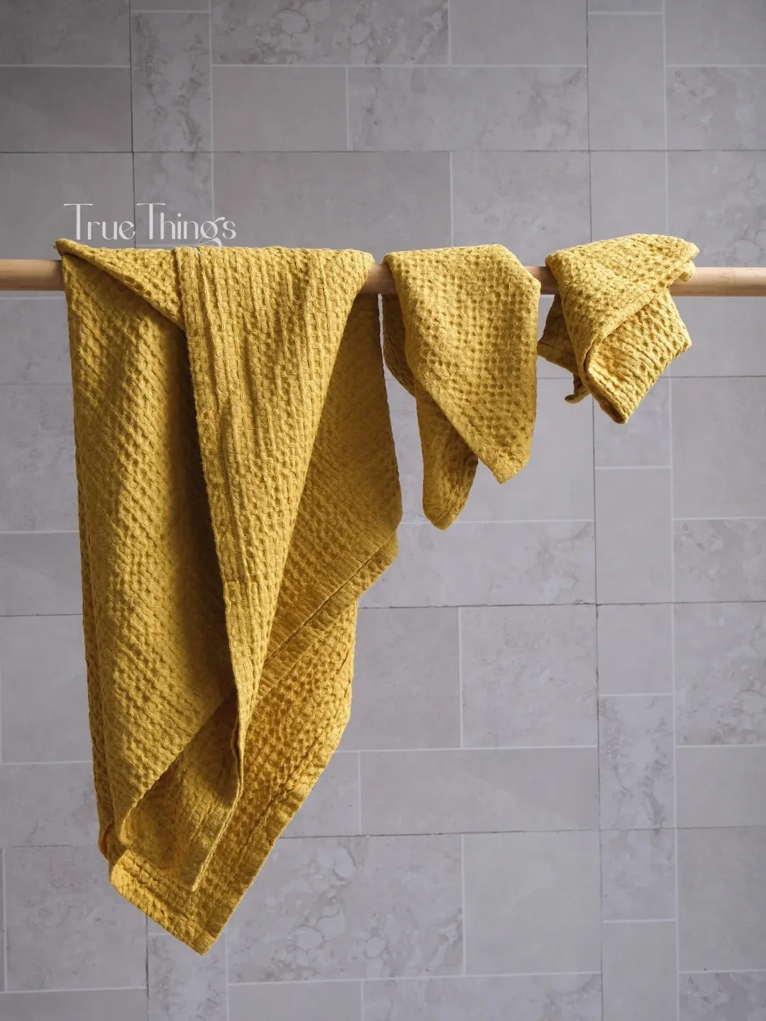 Yellow mustard waffle linen bath towels / Linen bath towel set / Hand, face, body towel / Natural softened stonewashed linen / Organic flax