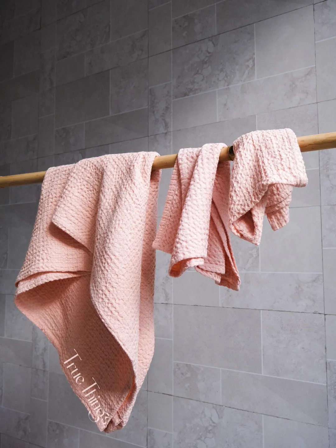 Peach waffle linen bath towels / Pink linen bath towel set / Hand, face, body towel / Natural softened stonewashed linen / Organic flax