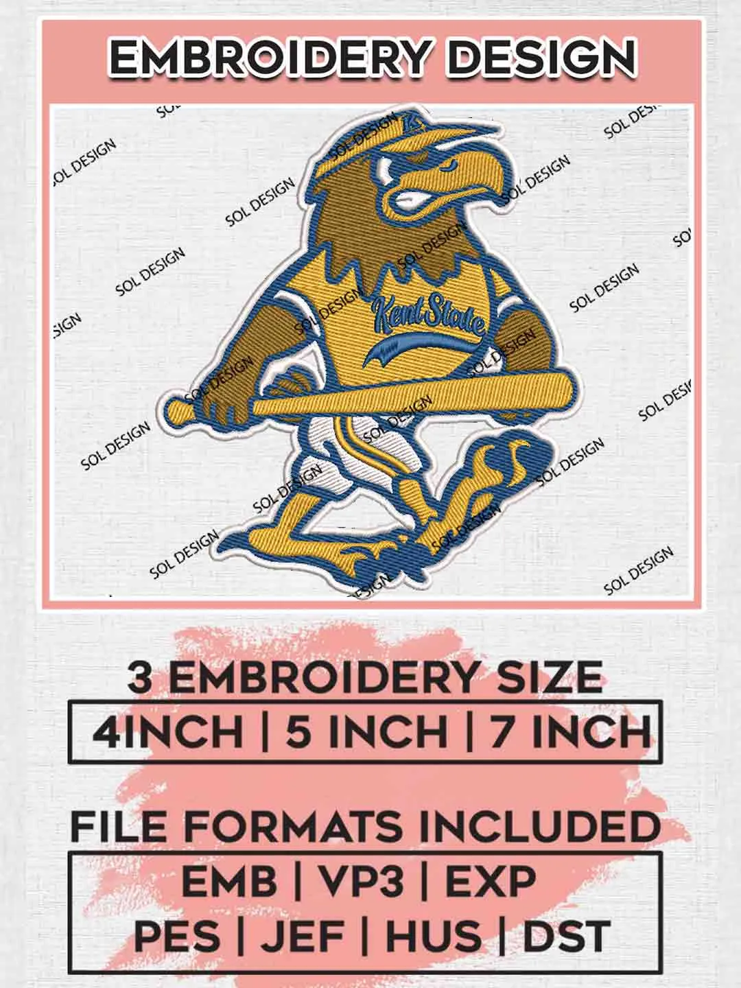 Kent State Golden Flashes Baseball Mascot Logo Embroidery Designs, NCAA Logo Embroidery files, NCAA Kent State Golden Flashes Team, Machine embroidery designs, Digital Download