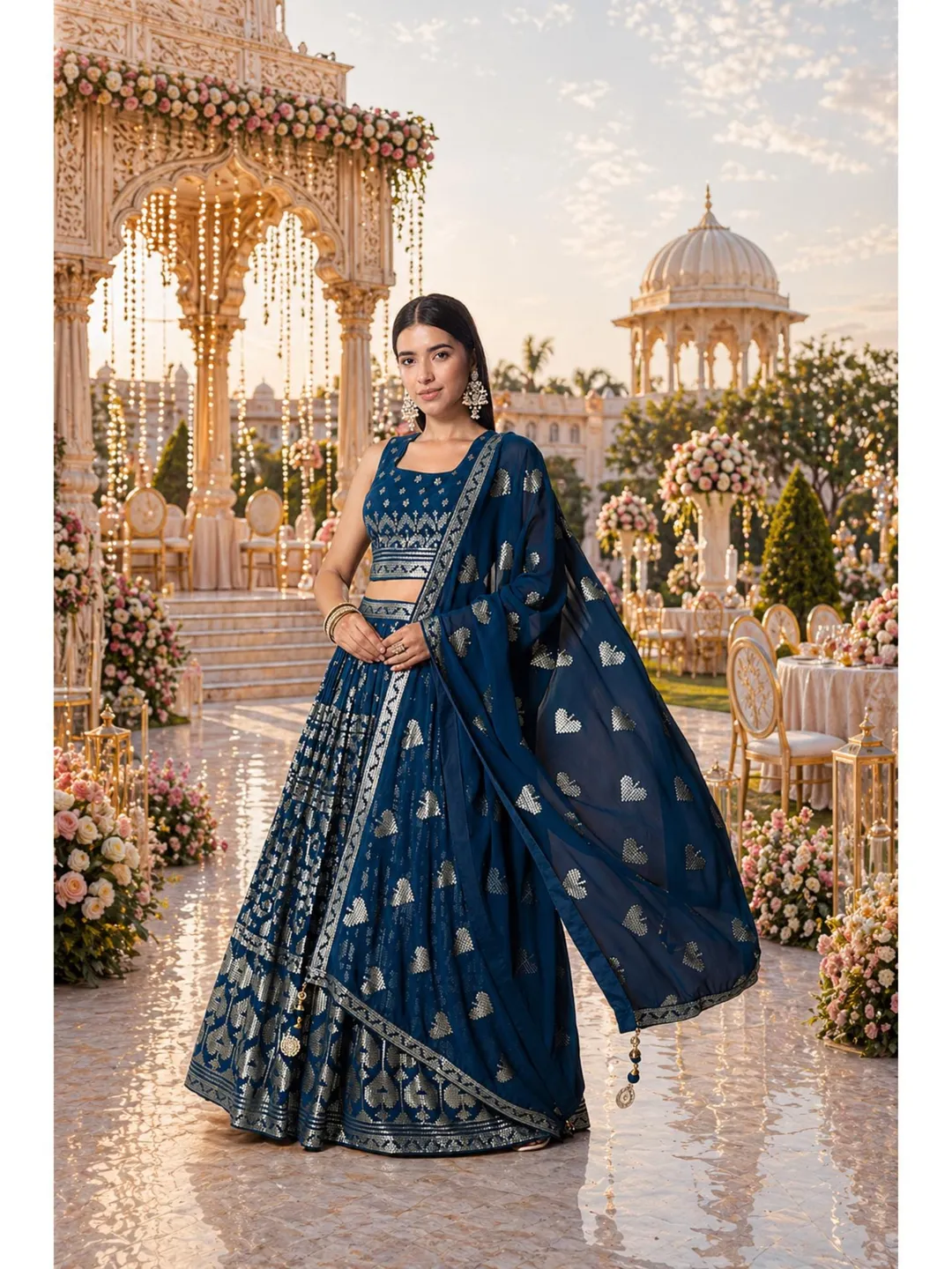 Blue Georgette Lehenga Choli For Women: Sequin Embroidery Indian Wedding Wear Ready To Wear