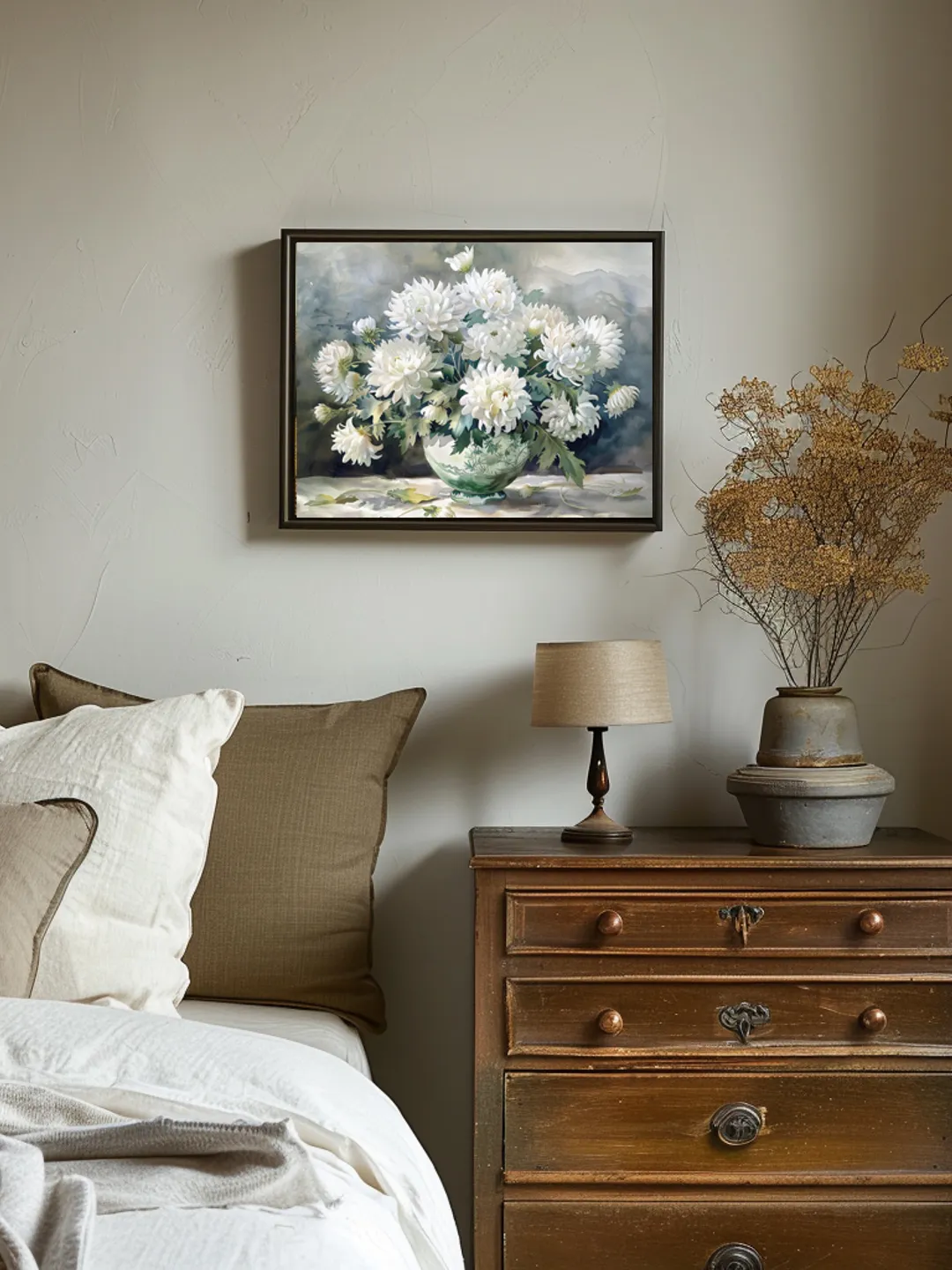 Bouquet of white chrysanthemum in a vase watercolor drawing, digital illustration, digital painting , wall art decoration. AI