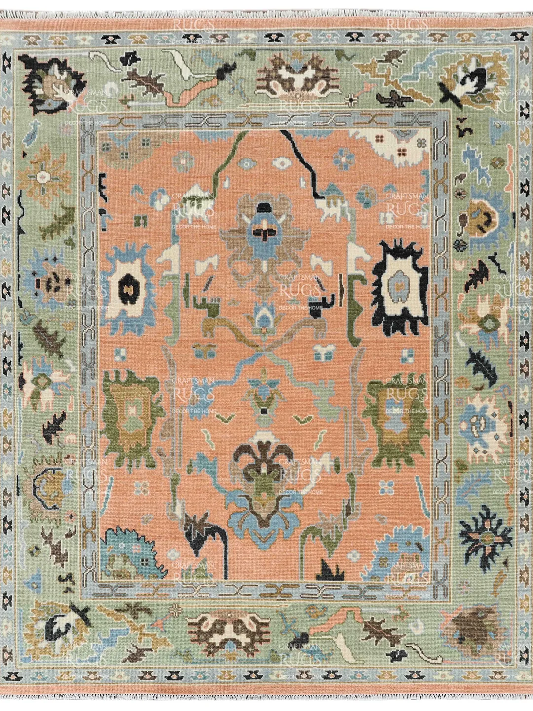 8x10 ft Quick Ship! Peach - Lt Green Oushak style Hand Knotted Rug - Handmade Rugs for Living Room - Antique Style Contemporary rug