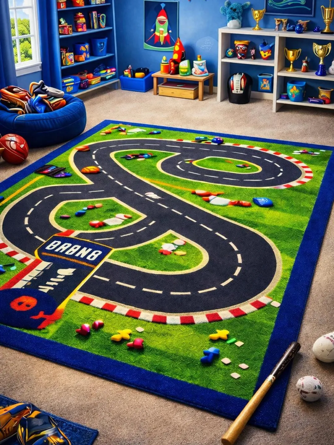 Kids Racing Track Play Rug for Boys Room, Toy Car Road Game Carpet