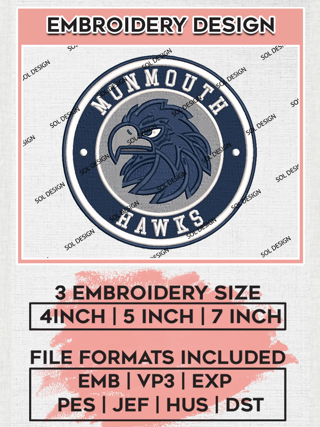 NCAA Monmouth Hawks Round Logo Embroidery, NCAA Monmouth Hawks Logo Embroidery files, NCAA Teams, Machine embroidery designs, Digital Download