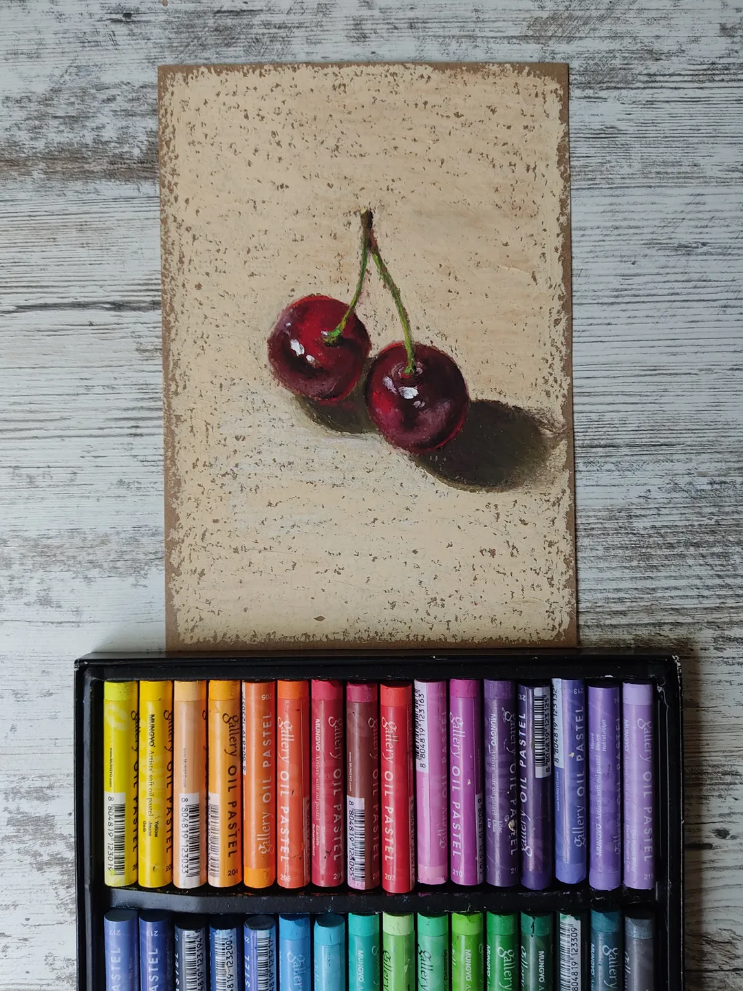 Cherries. Original oil pastel painting.