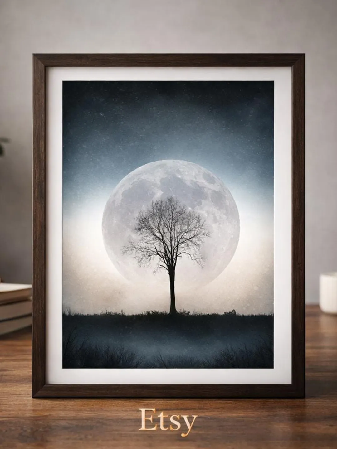 Moon Tree Wall Art Printable, Full Moon Landscape Digital Download, Minimalist Boho Wall Art, Night Sky Art Print, Romantic moon artprint