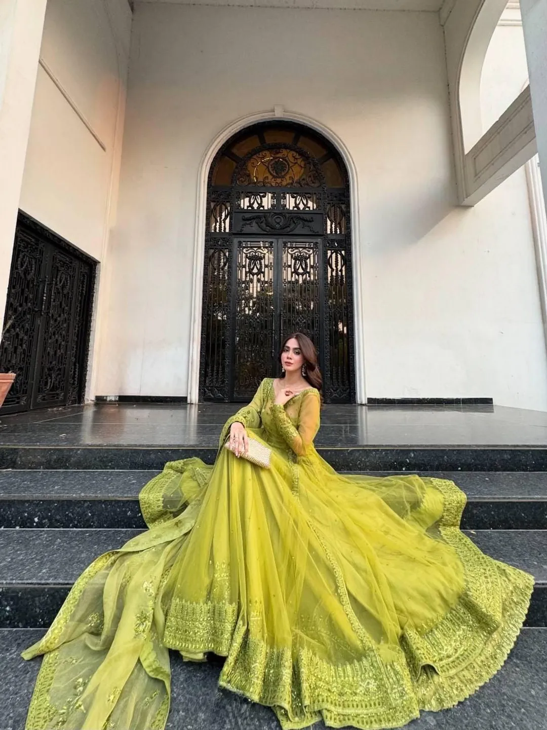 olive green indian dress Olive Green Lehenga with Golden Work 
