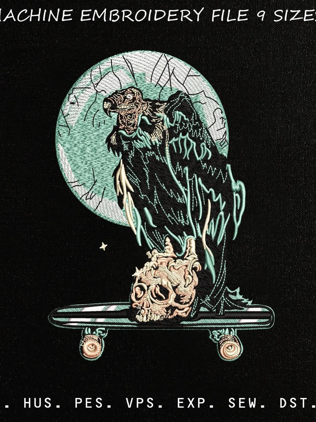 Vulture Skateboard Embroidery Design, Gothic Skull Machine Embroidery Pattern, Edgy Skater Style Digital File,